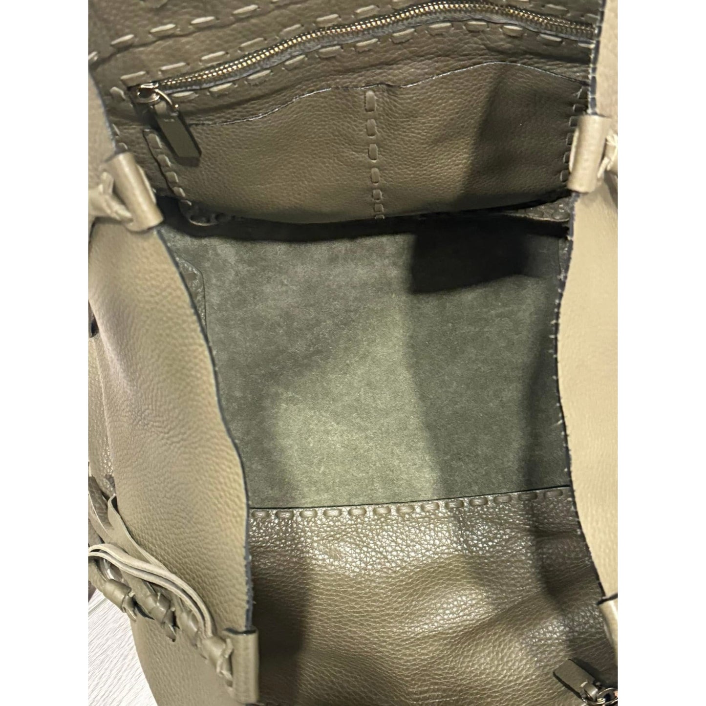 Valentino Crockee Leather Fringe Tote Bag, Olive.