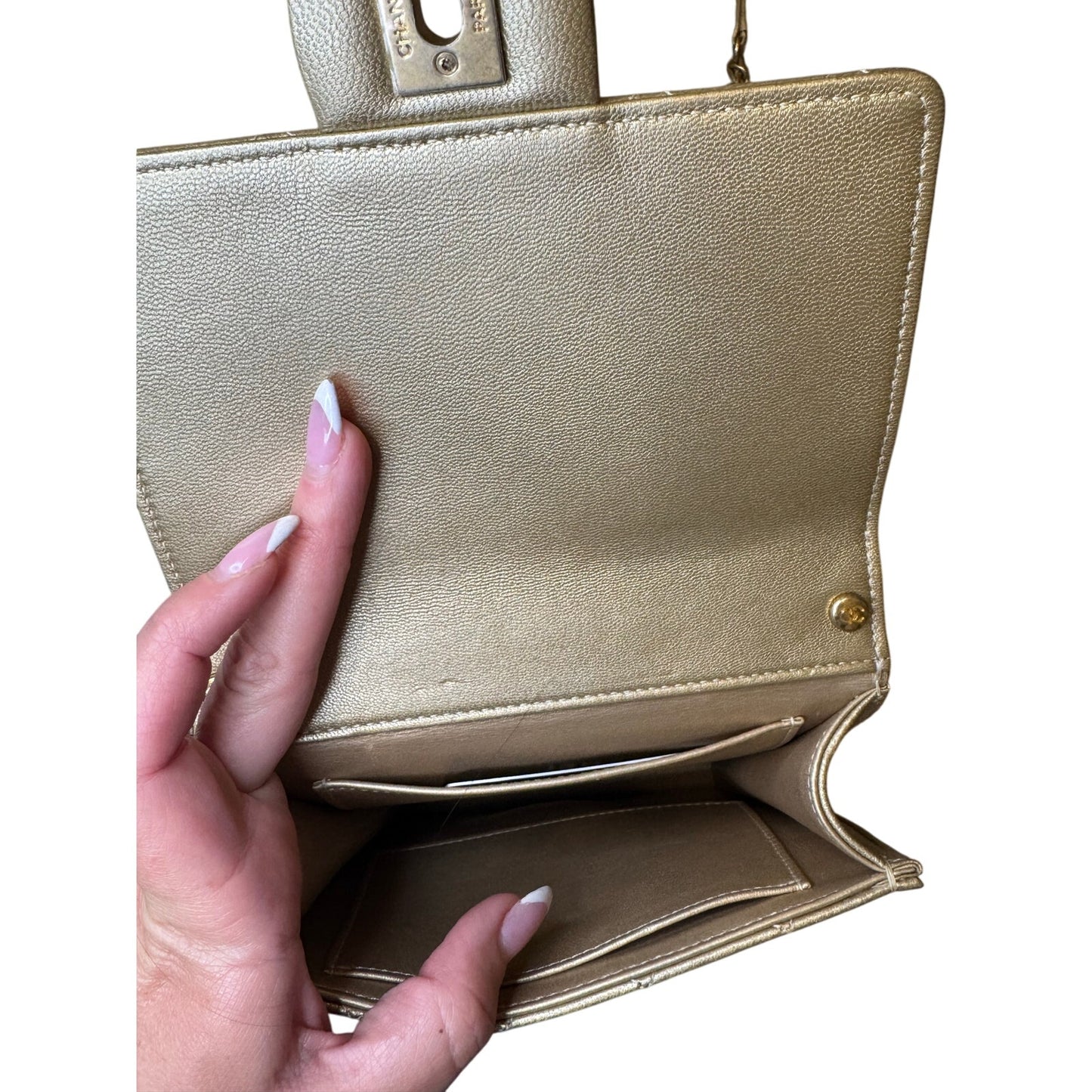 Chanel Metallic Goatskin Quilted Chic Pearls Flap Gold.