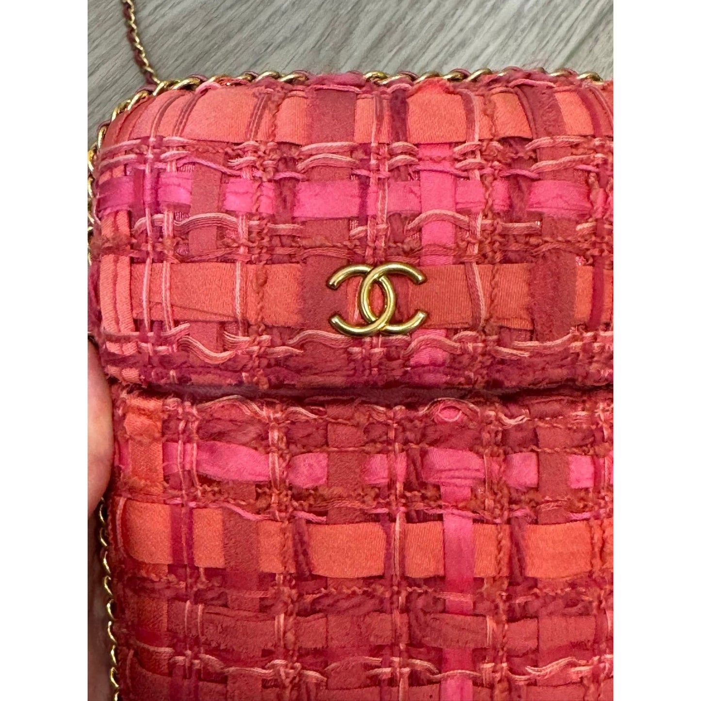 Chanel pink Tweed Chain Around Phone Holder.