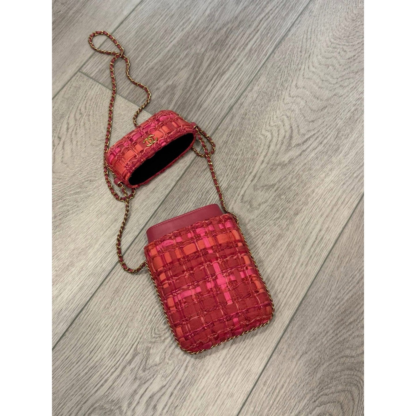 Chanel pink Tweed Chain Around Phone Holder.