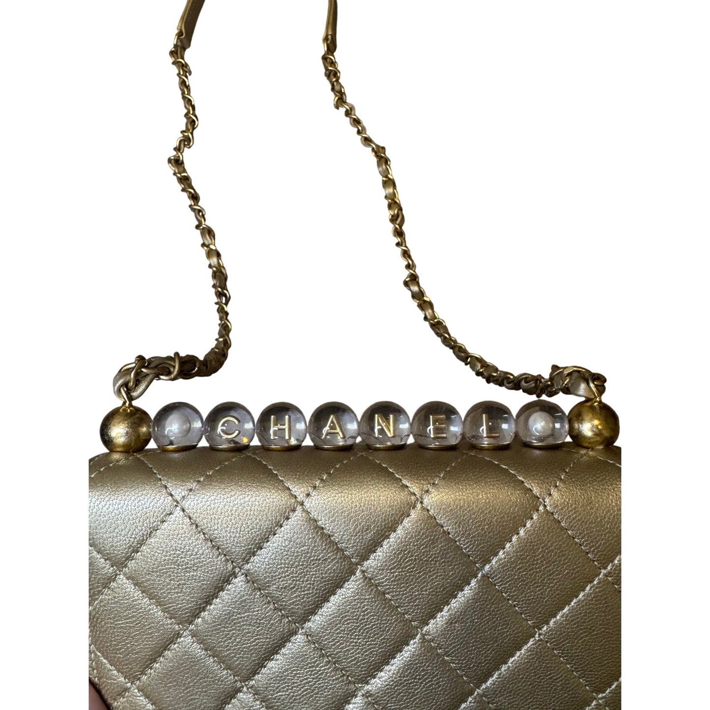 Chanel Metallic Goatskin Quilted Chic Pearls Flap Gold.