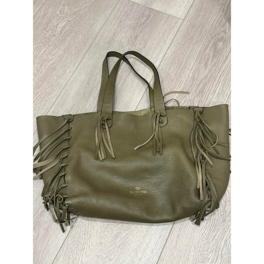 Valentino Crockee Leather Fringe Tote Bag, Olive.