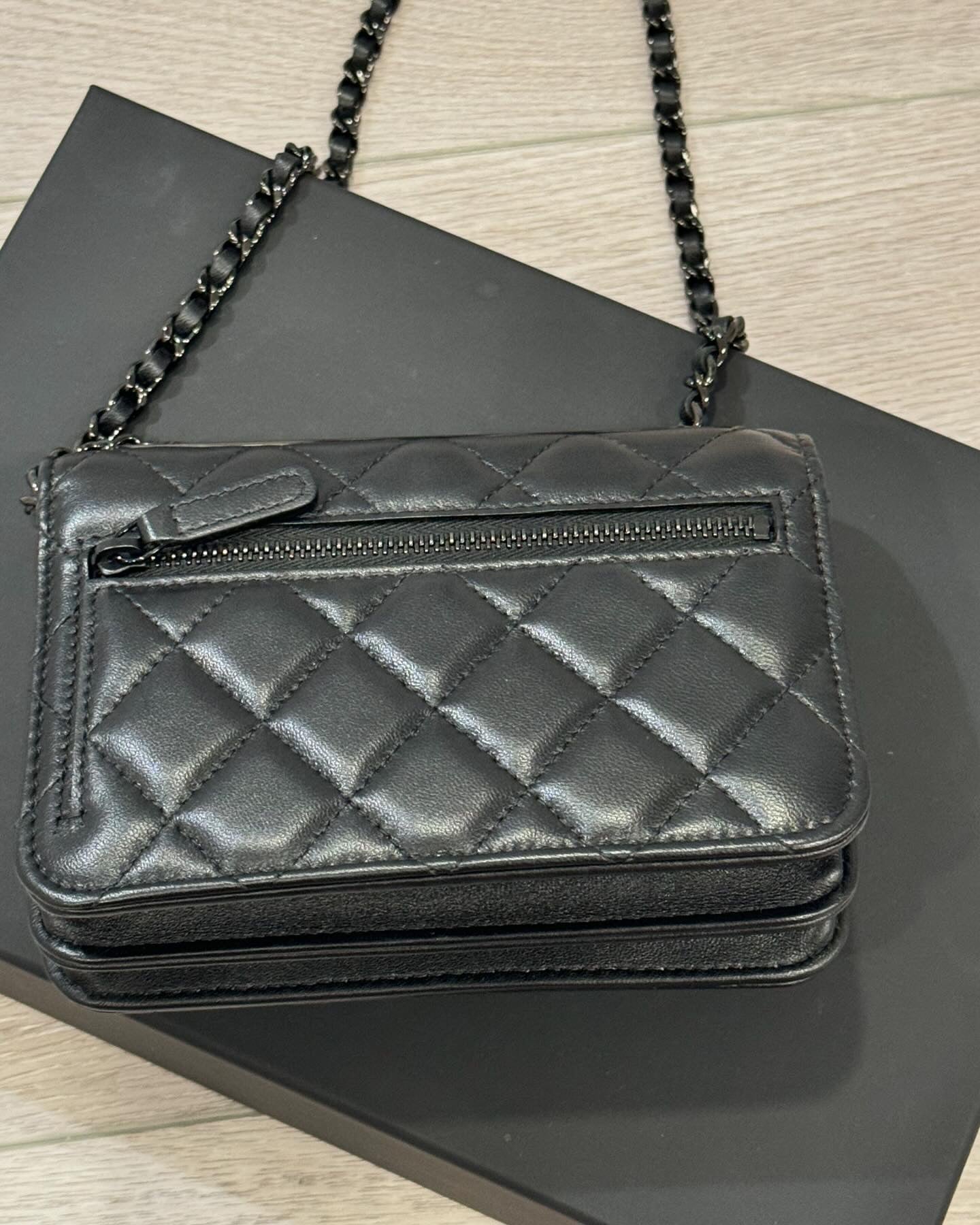 C C Lambskin Quilted Trendy Wallet On Chain WOC So Black.