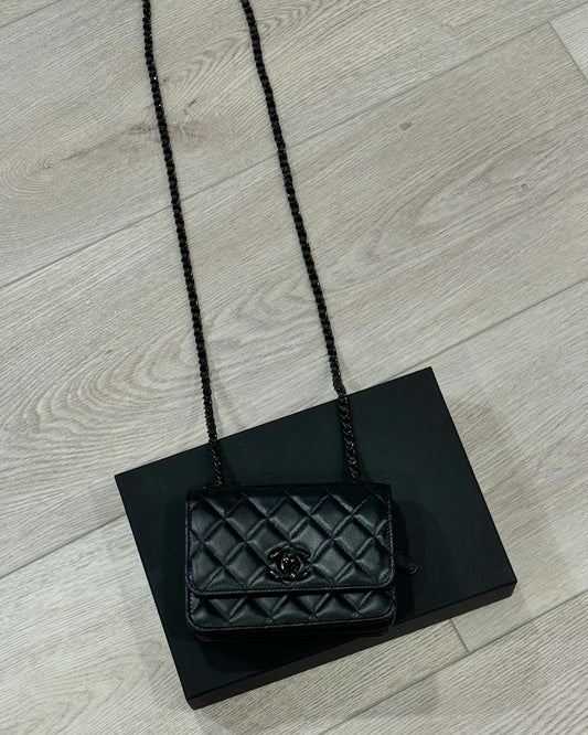 C C Lambskin Quilted Trendy Wallet On Chain WOC So Black.