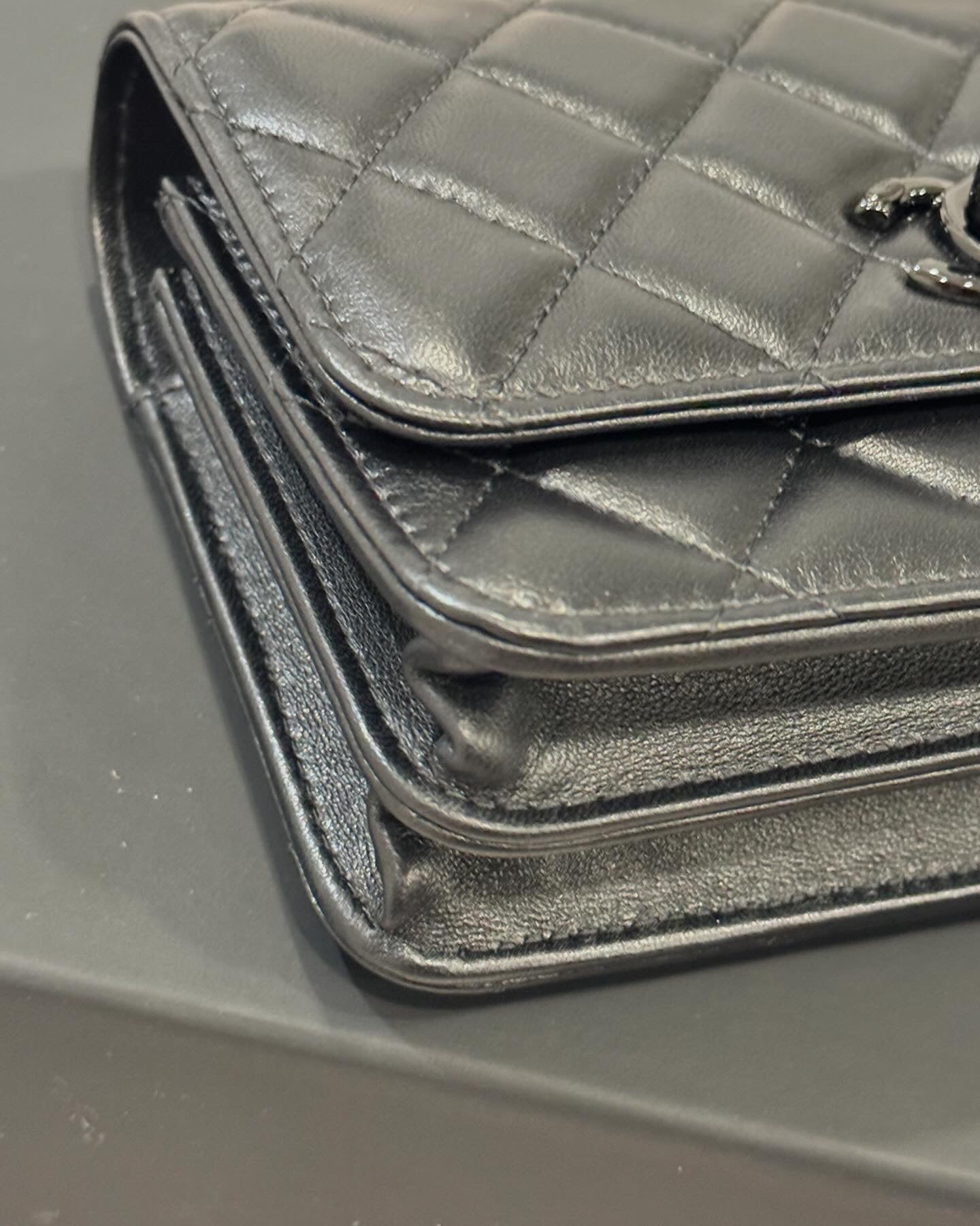 C C Lambskin Quilted Trendy Wallet On Chain WOC So Black.
