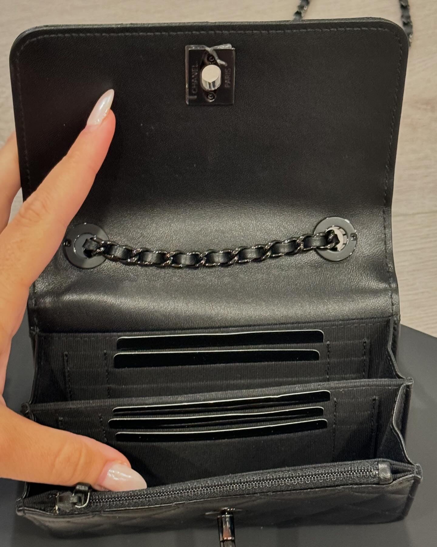 C C Lambskin Quilted Trendy Wallet On Chain WOC So Black.