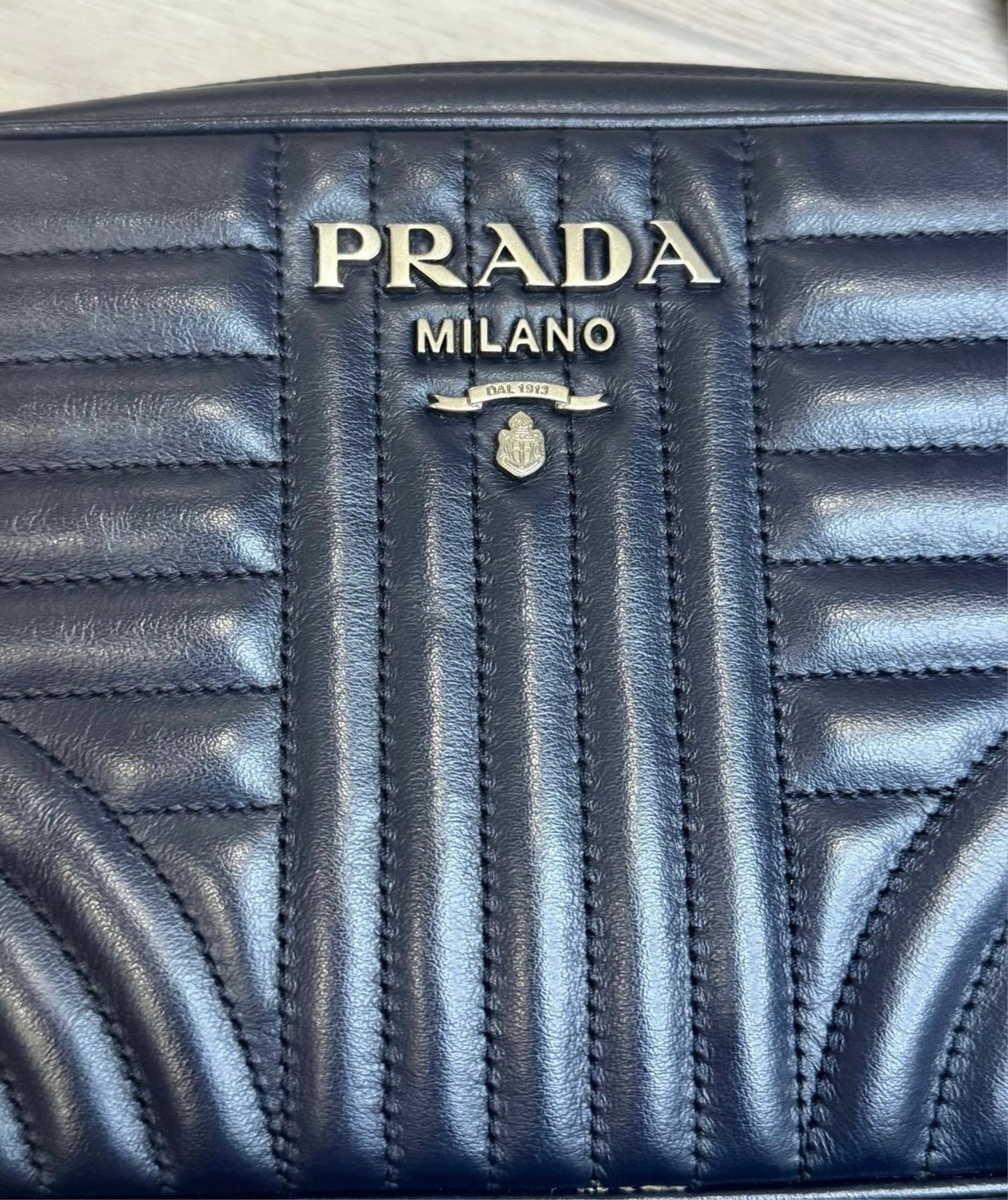 PRADA Soft Calfskin Diagramme Crossbody Bag navy blue